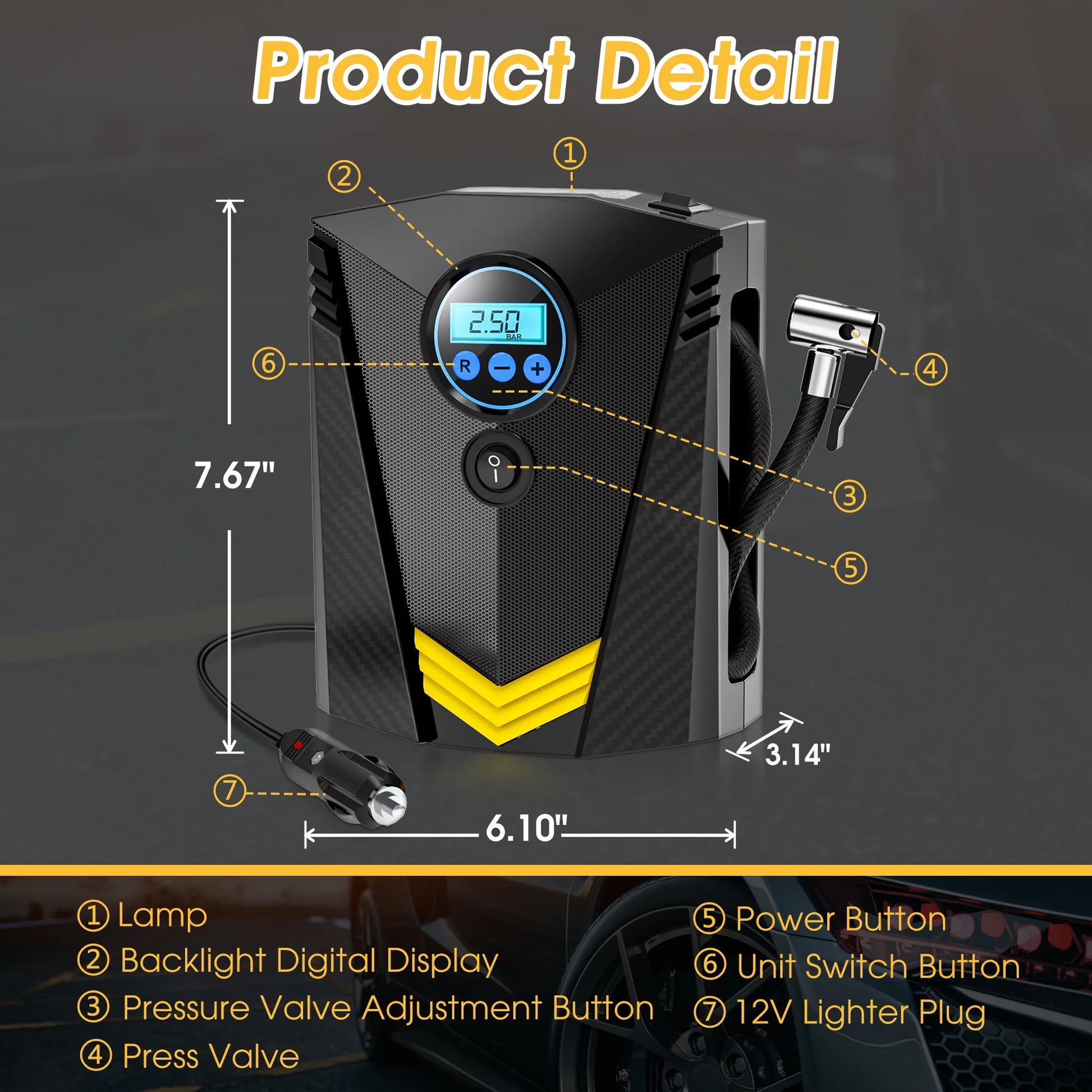 Tire Inflator, 12V Portable Air Compressor with Fast Inflation, Tire Inflator - Black