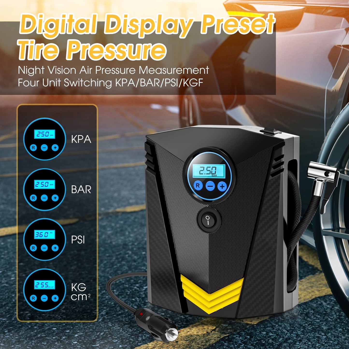 Tire Inflator, 12V Portable Air Compressor with Fast Inflation, Tire Inflator - Black